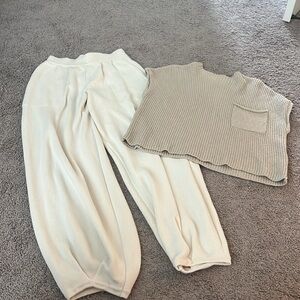Free People Freya Set. Beige Knit Top and Cream Pants Set